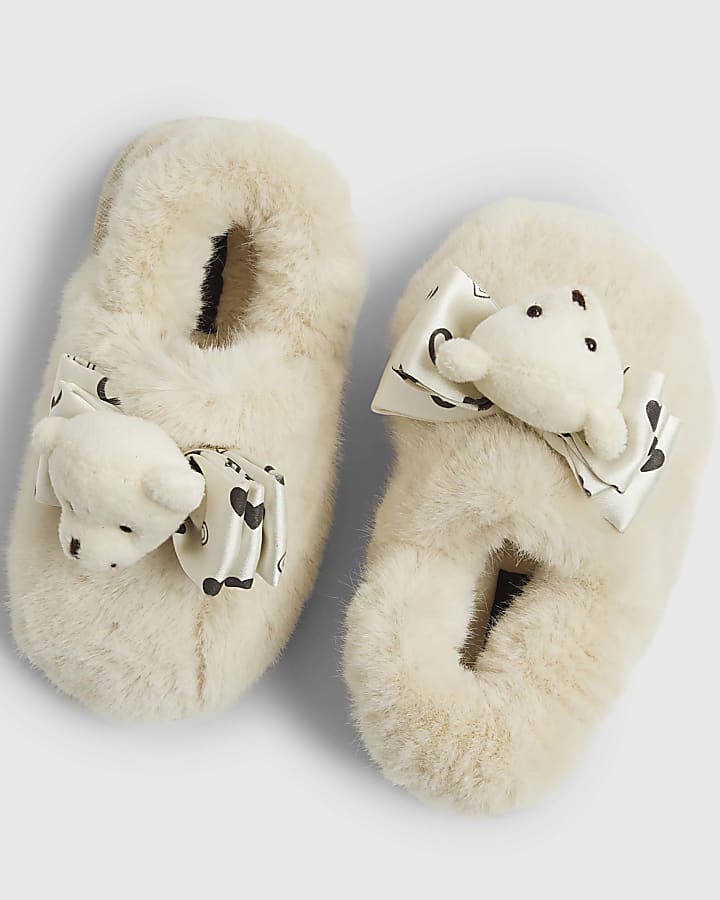 Mini Girls Cream Bear Bow Slippers