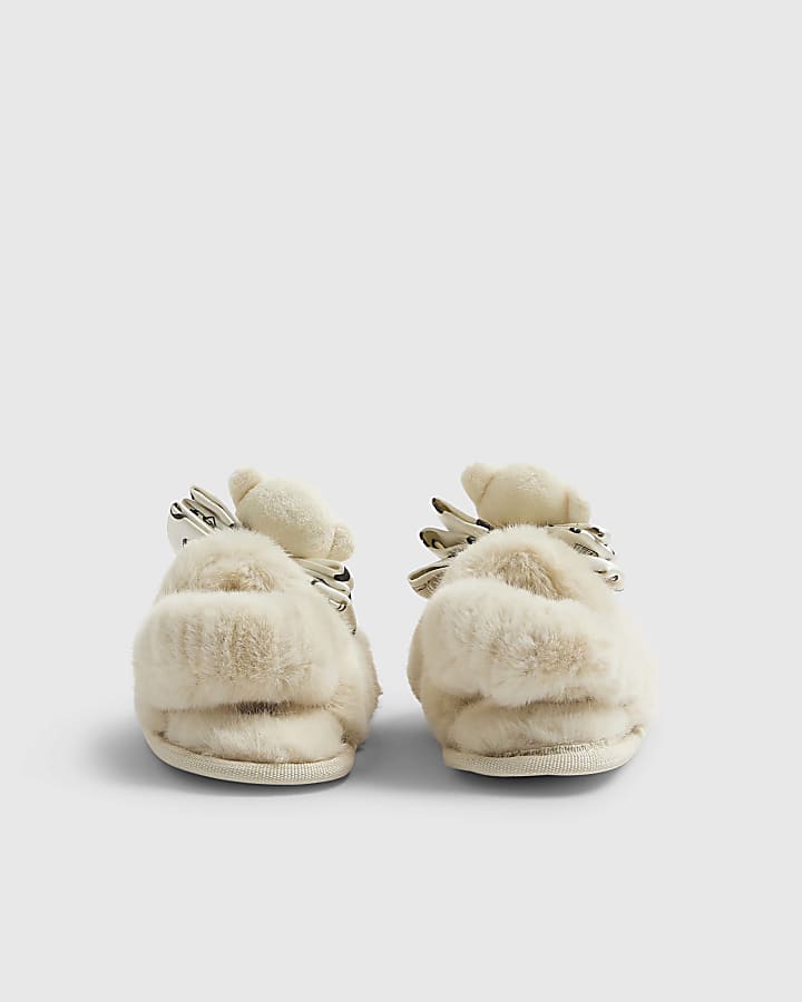 Mini Girls Cream Bear Bow Slippers