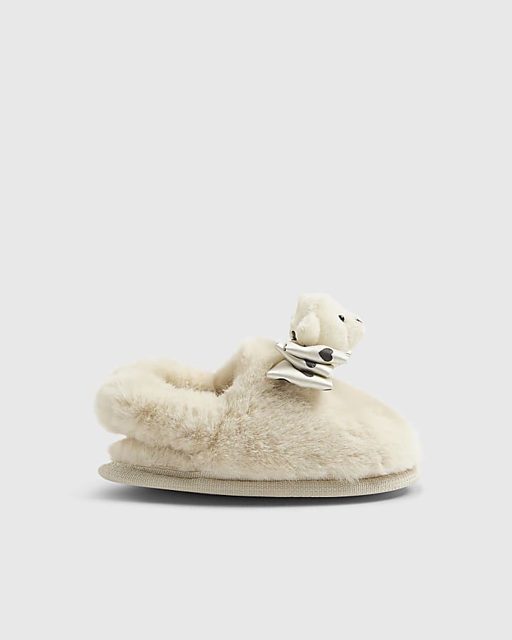 Mini Girls Cream Bear Bow Slippers