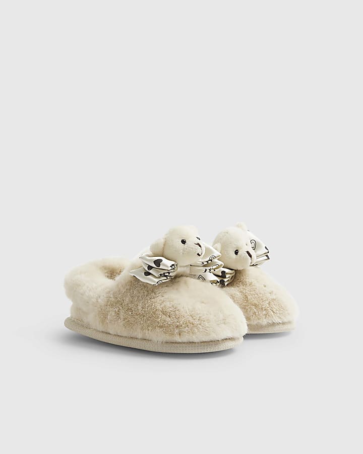 Mini Girls Cream Bear Bow Slippers