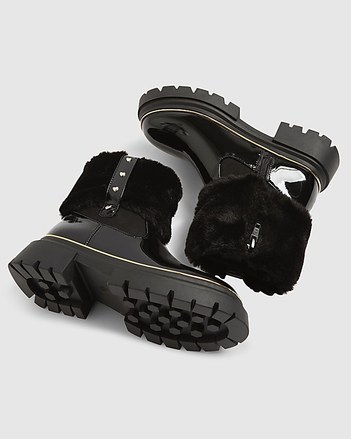 Girls Black Faux Fur Cuff Patent Boots