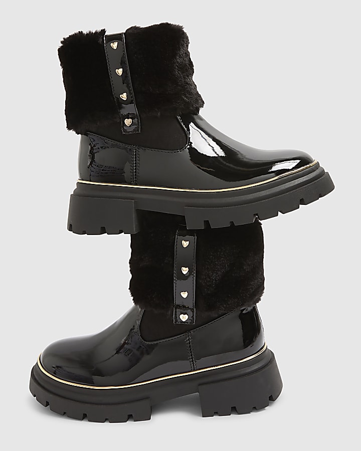 Girls Black Faux Fur Cuff Patent Boots