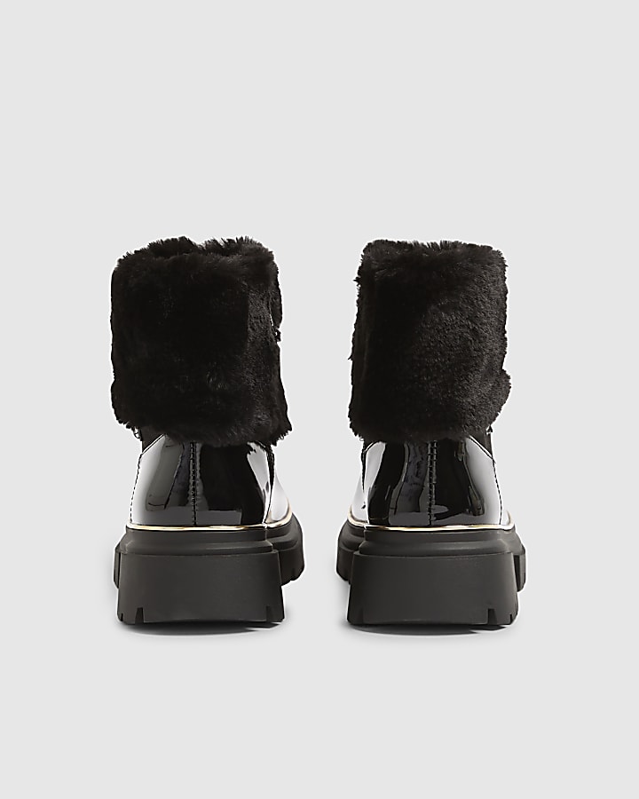 Girls Black Faux Fur Cuff Patent Boots