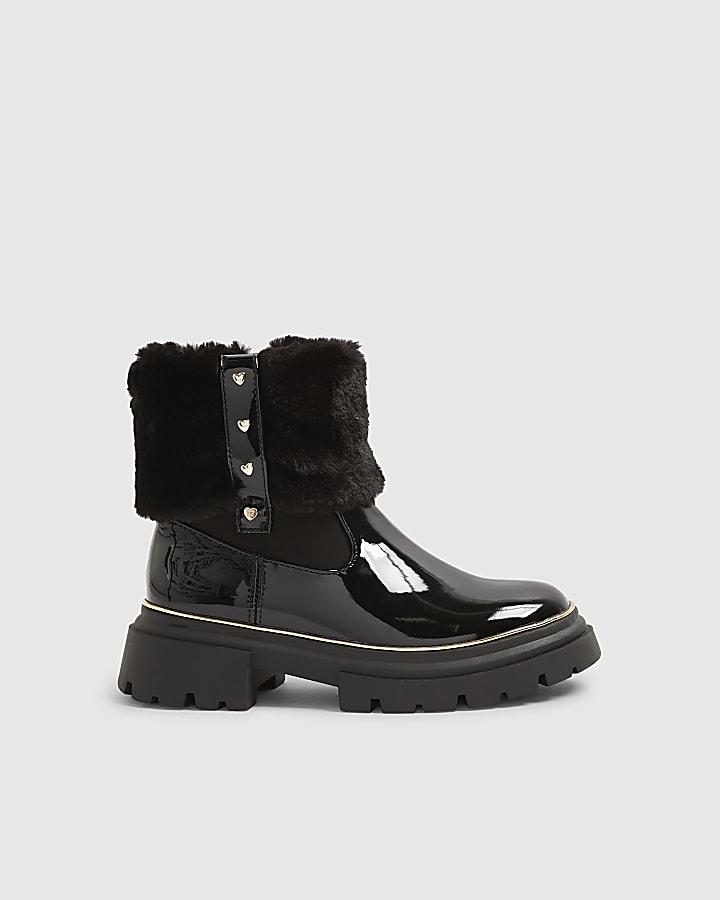 Girls Black Faux Fur Cuff Patent Boots