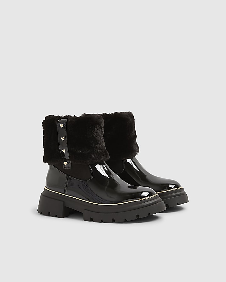 Girls Black Faux Fur Cuff Patent Boots