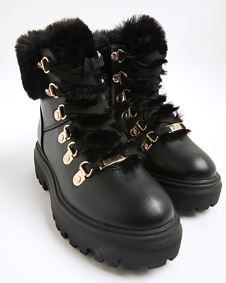 Girls Black Lace Up Hiker Boots