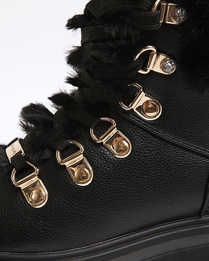Girls Black Lace Up Hiker Boots