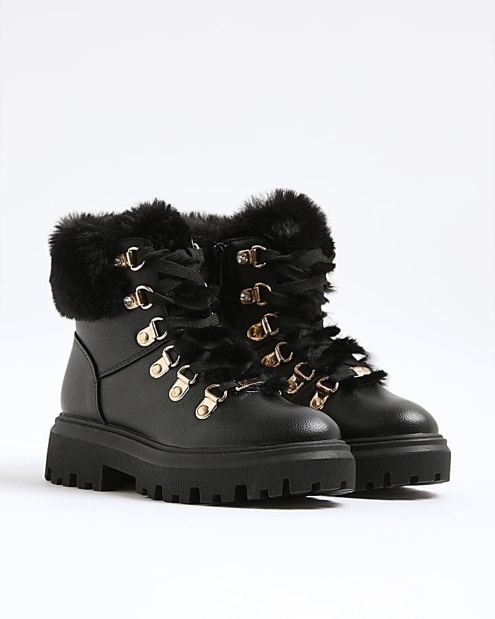 Girls Black Lace Up Hiker Boots