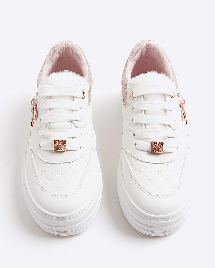Girls Pink Faux Fur Tongue Bow Trainers
