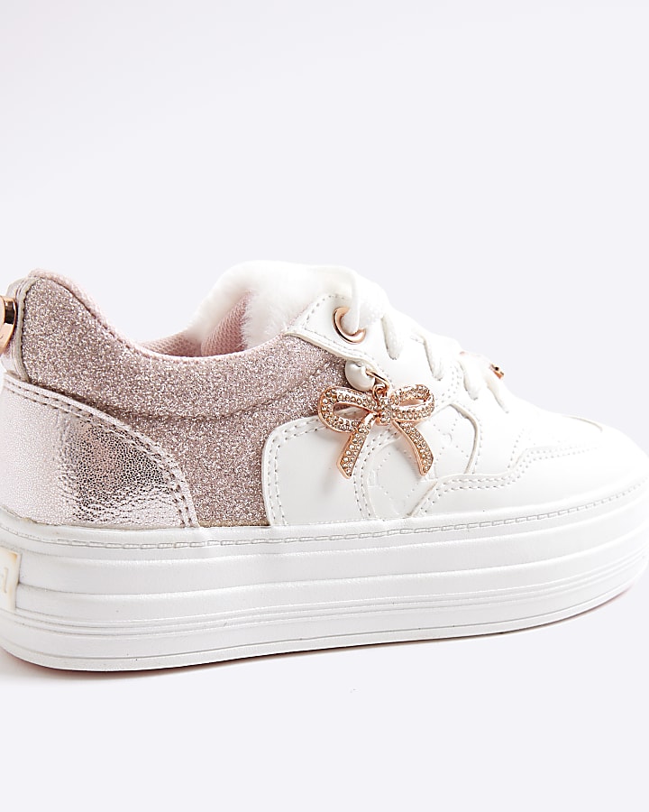 Girls Pink Faux Fur Tongue Bow Trainers