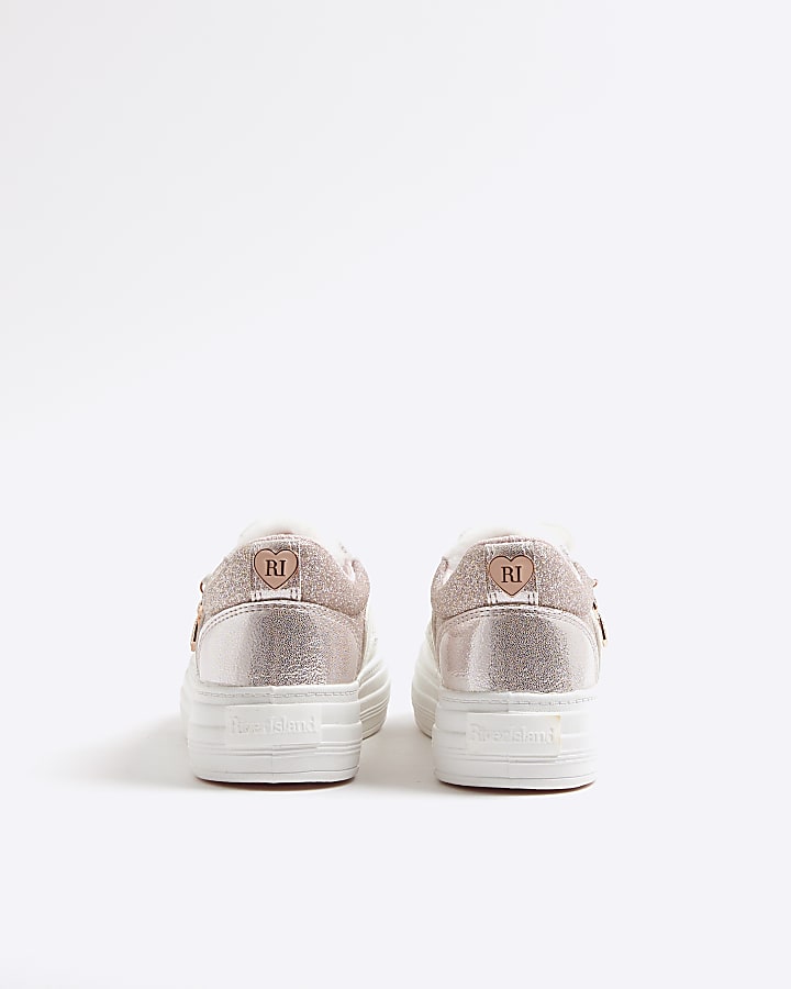 Girls Pink Faux Fur Tongue Bow Trainers