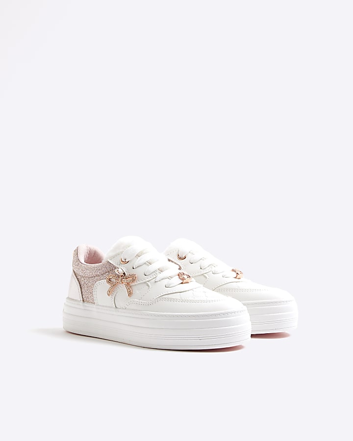 Girls Pink Faux Fur Tongue Bow Trainers