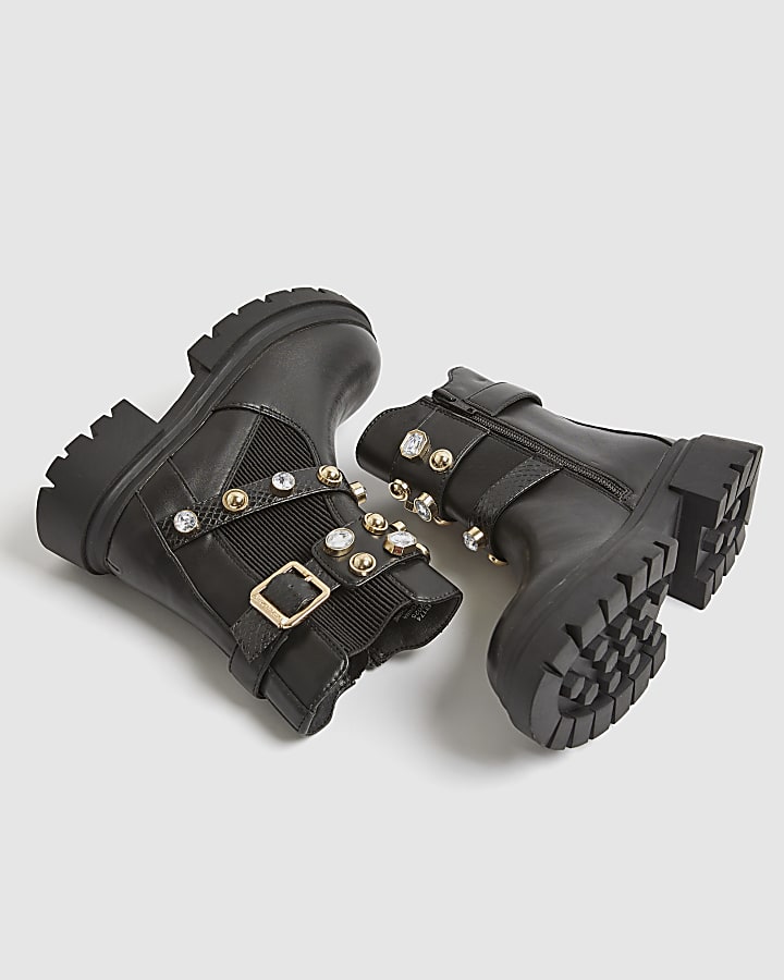 Girls Black Gem Strap Chelsea Boots