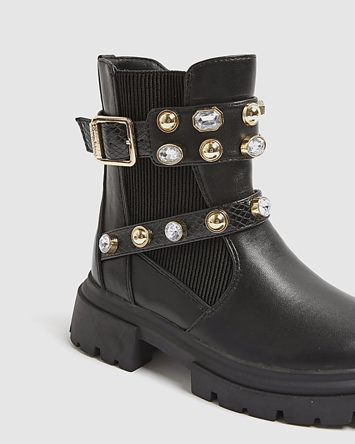 Girls Black Gem Strap Chelsea Boots