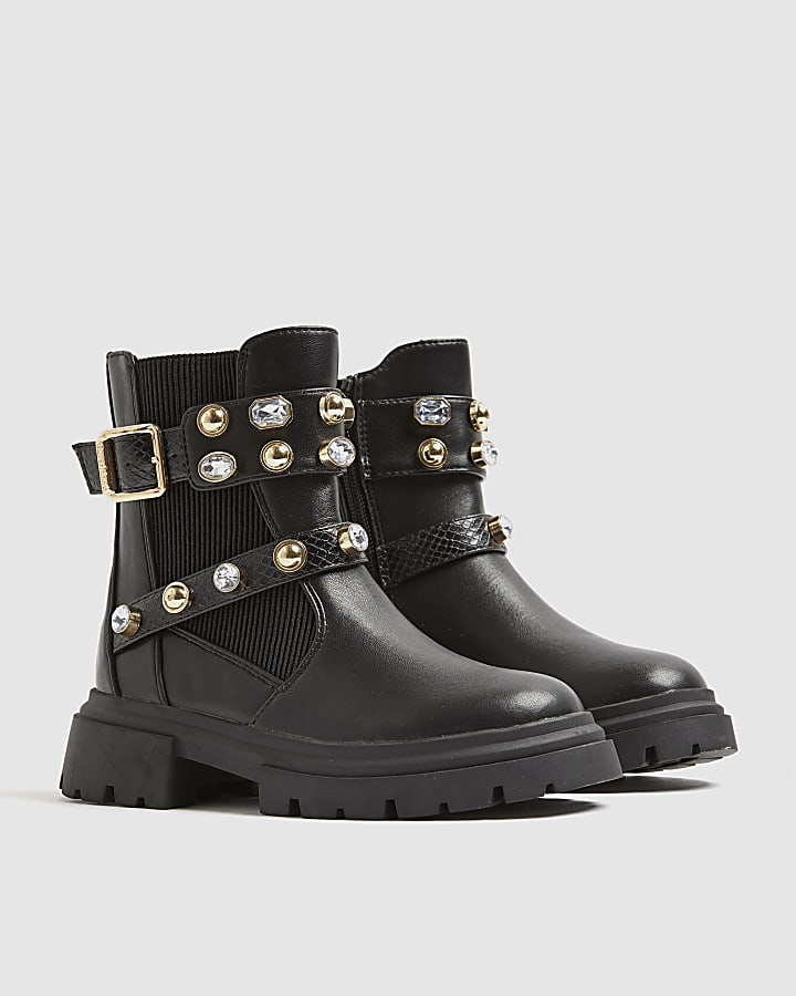 Girls Black Gem Strap Chelsea Boots