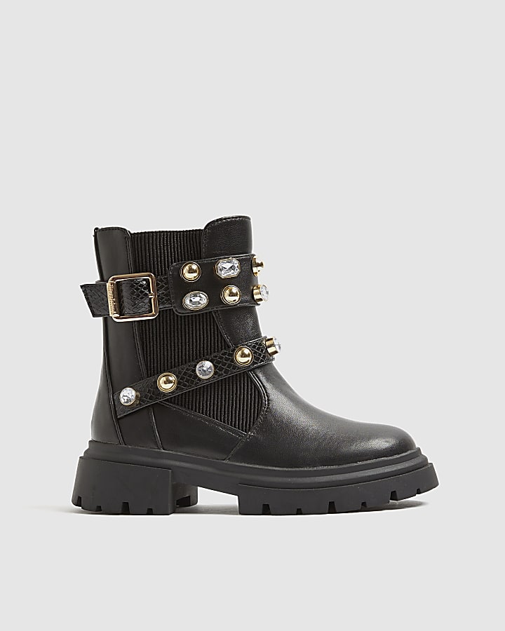 Girls Black Gem Strap Chelsea Boots