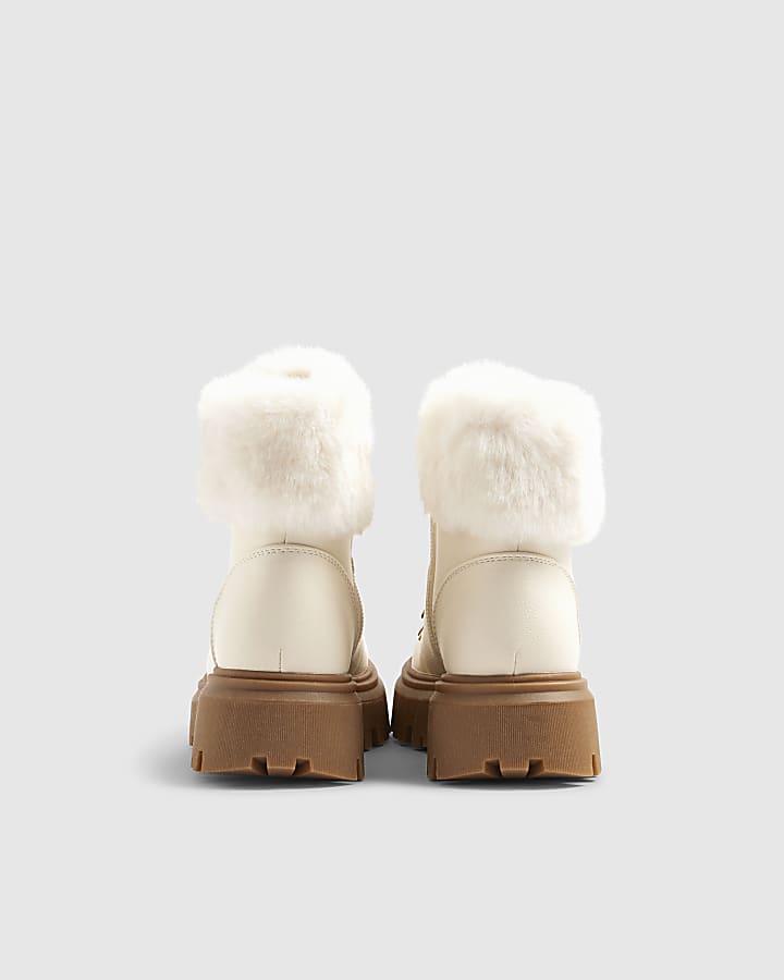 Girls Cream Lace Up Hiker Boots