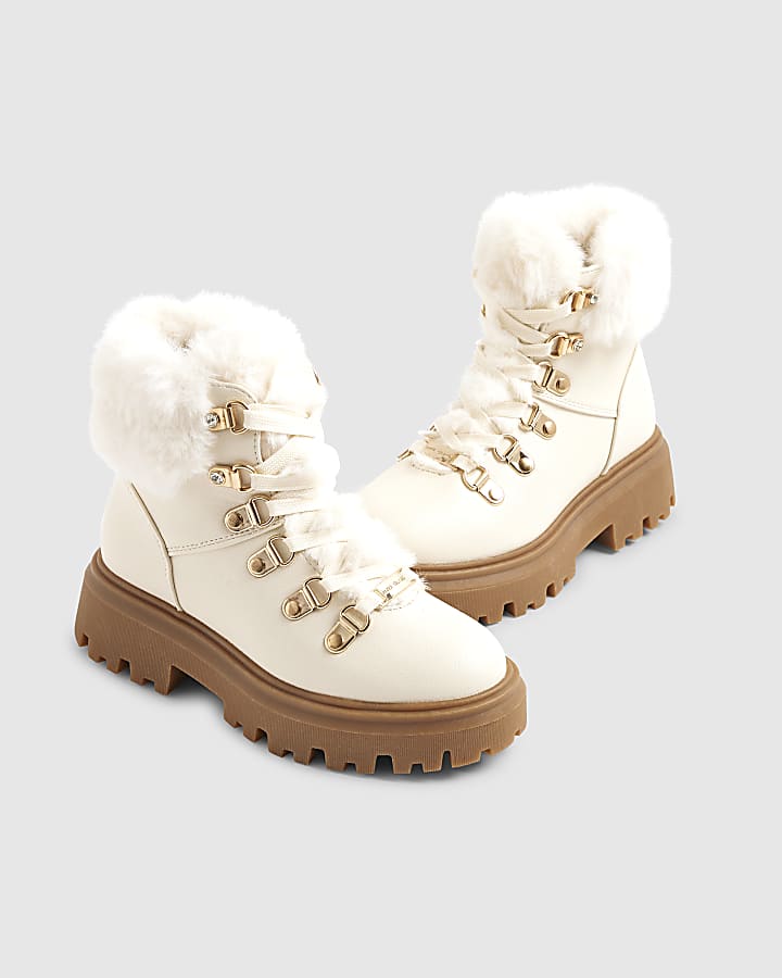 Girls Cream Lace Up Hiker Boots