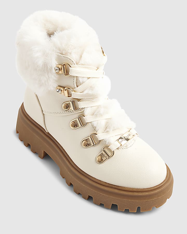 Girls Cream Lace Up Hiker Boots