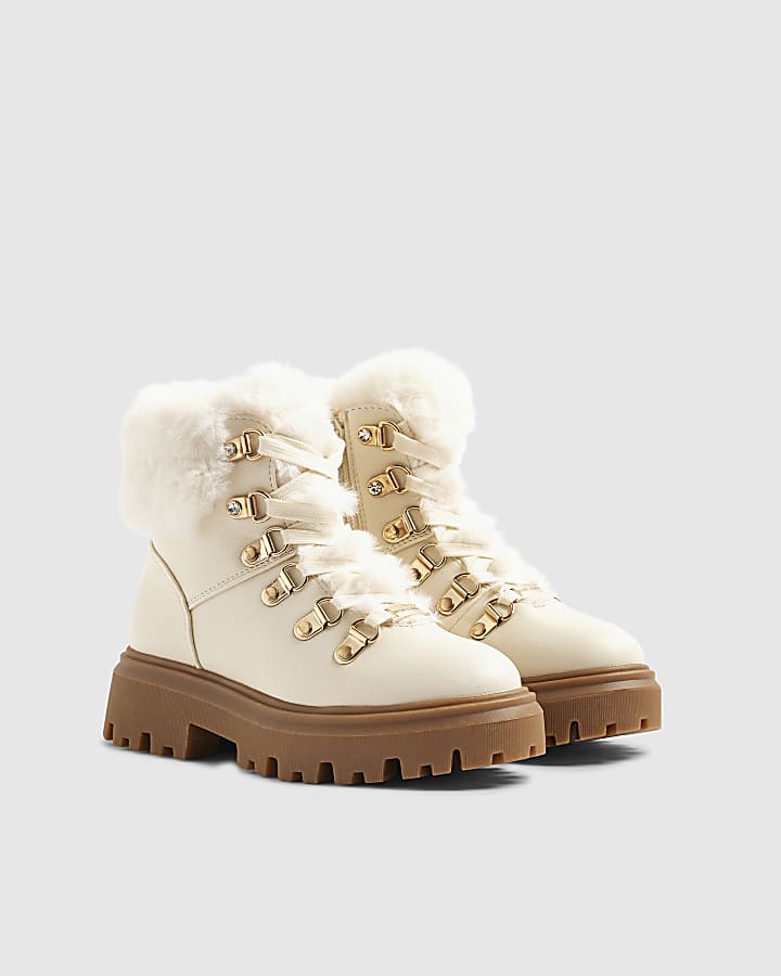 Girls Cream Lace Up Hiker Boots