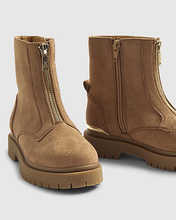 Girls Brown Faux Suede Zip Front Boots