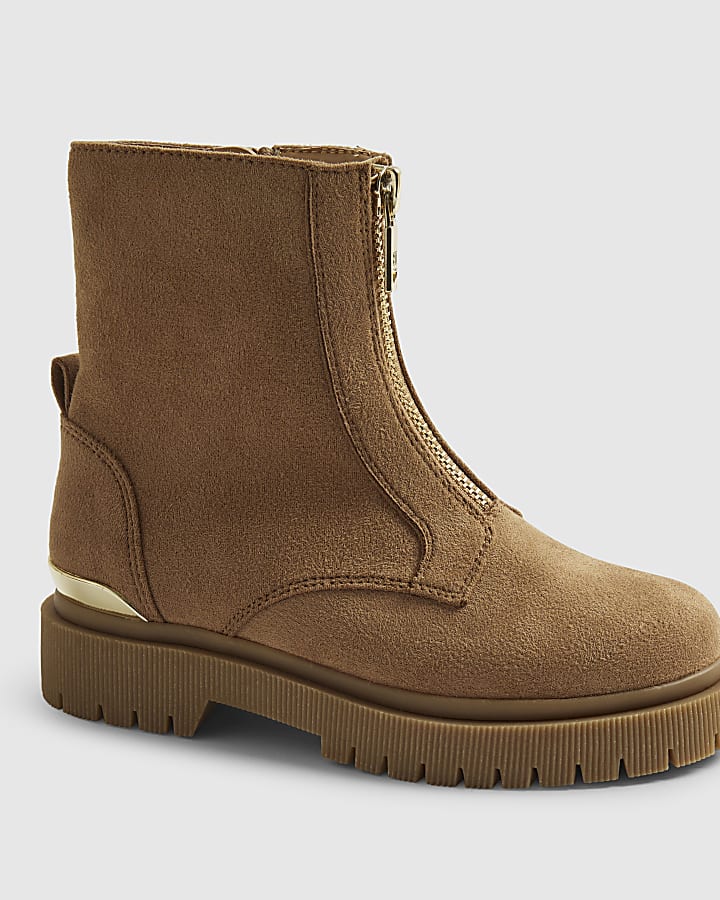 Girls Brown Faux Suede Zip Front Boots