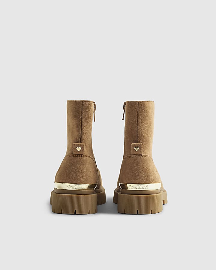 Girls Brown Faux Suede Zip Front Boots