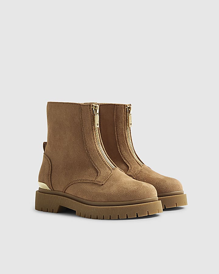 Girls Brown Faux Suede Zip Front Boots