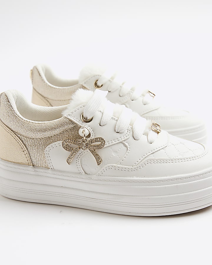 Girls White Faux Fur Tongue Bow Trainers