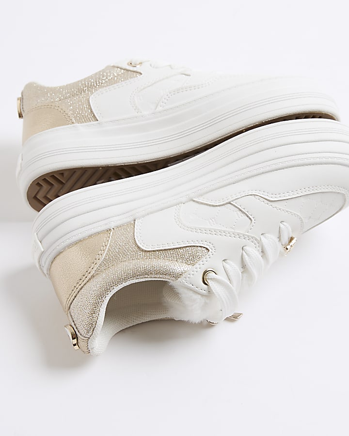 Girls White Faux Fur Tongue Bow Trainers