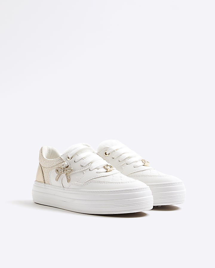 Girls White Faux Fur Tongue Bow Trainers