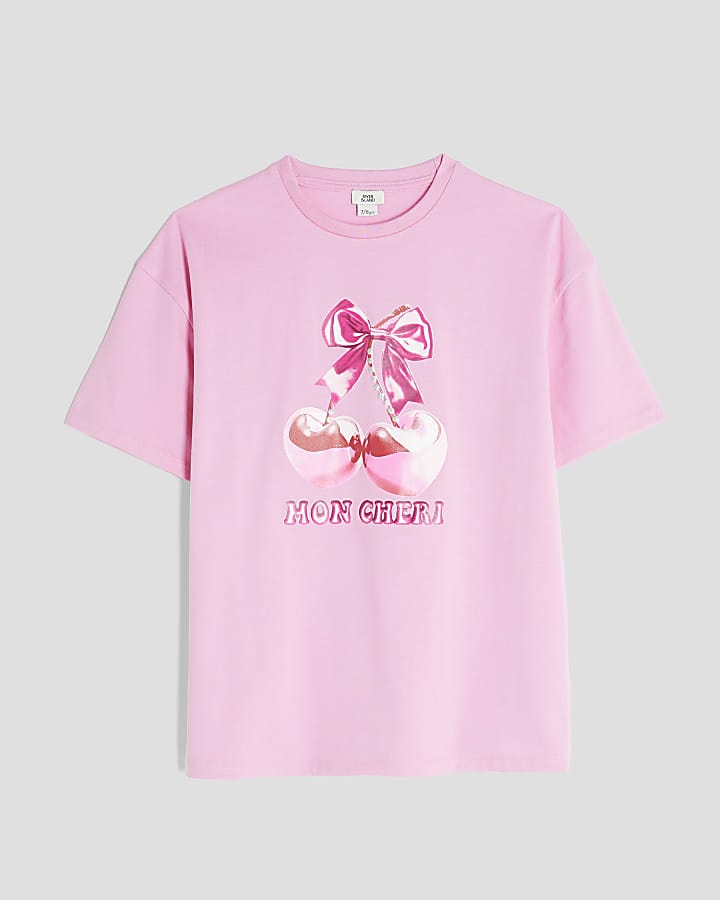Girls Pink Cherry Bow T-Shirt