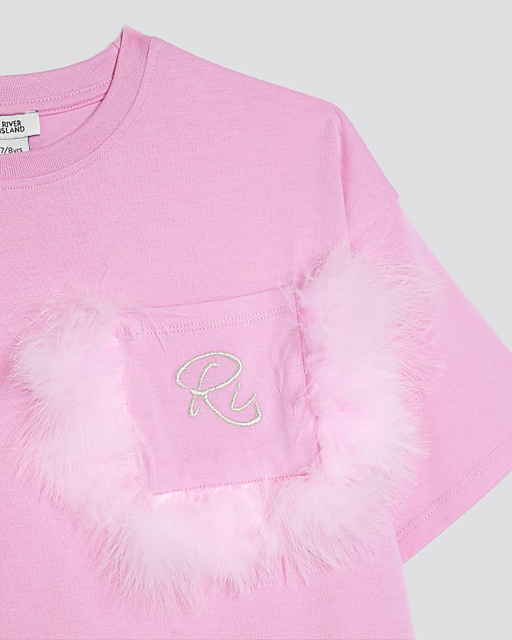 Girls Pink  Feather Chest Pocket T-Shirt