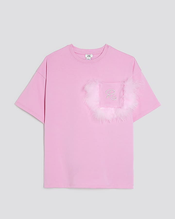 Girls Pink  Feather Chest Pocket T-Shirt