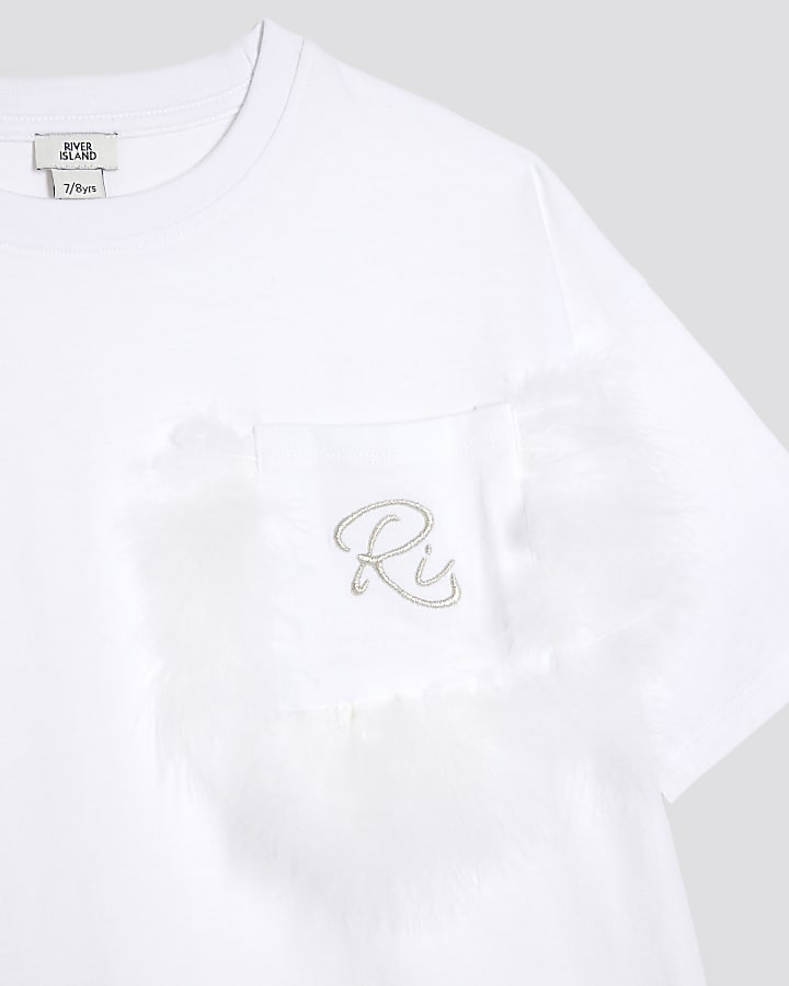 Girls White Feather Chest Pocket T-Shirt