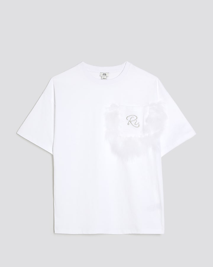 Girls White Feather Chest Pocket T-Shirt