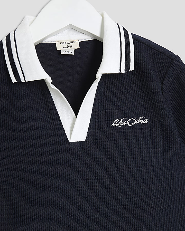 Mini Boys Navy Textured Polo Shirt Set