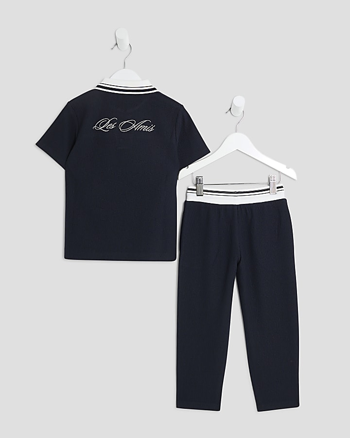 Mini Boys Navy Textured Polo Shirt Set