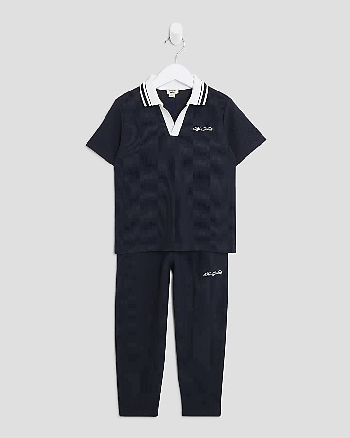 Mini Boys Navy Textured Polo Shirt Set