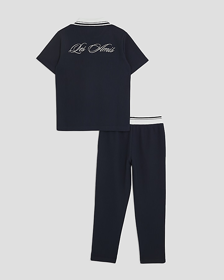 Boys Navy Textured Polo Shirt Set