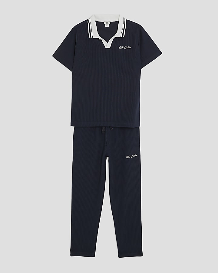 Boys Navy Textured Polo Shirt Set