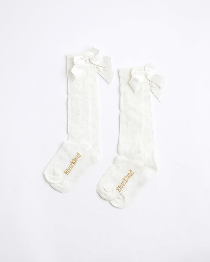 Mini Girls White 2 Pack Bow Knee High Socks