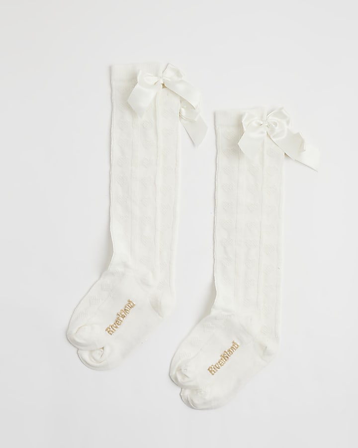 Girls White Pack Of 2 Bow Knee High Socks