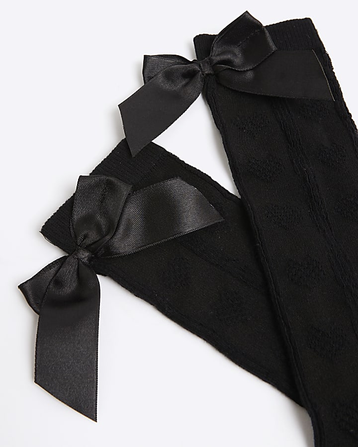 Girls Black Pack Of 2 Bow Knee High Socks