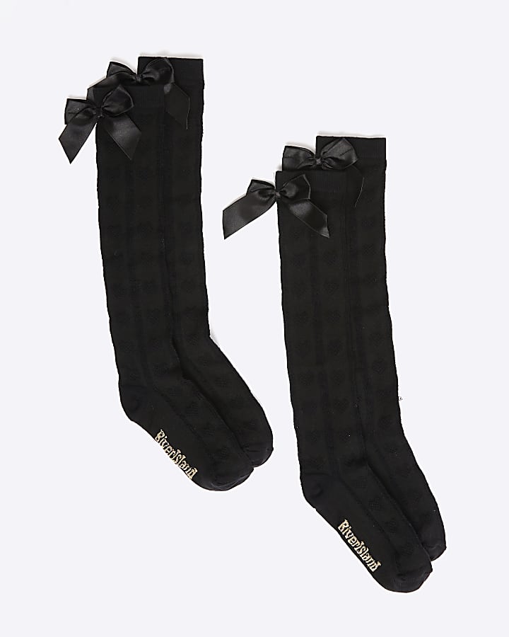 Girls Black Pack Of 2 Bow Knee High Socks