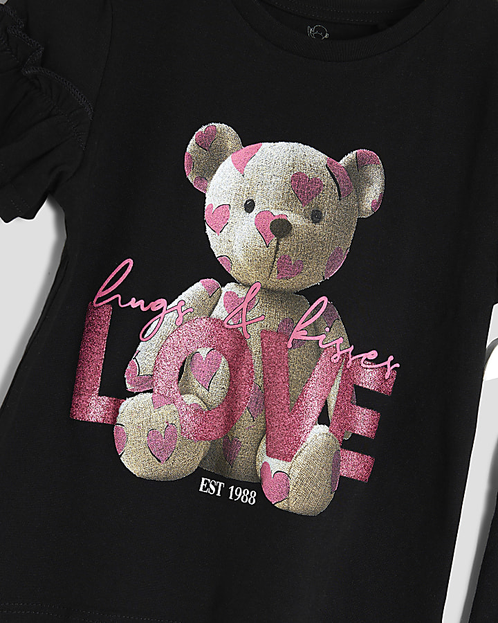 Mini Girls Black Love Bear T-Shirt Set
