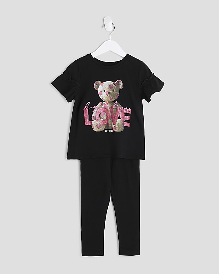Mini Girls Black Love Bear T-Shirt Set