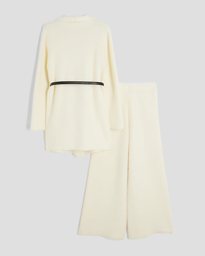 Girls Cream Belted Cardigan Set