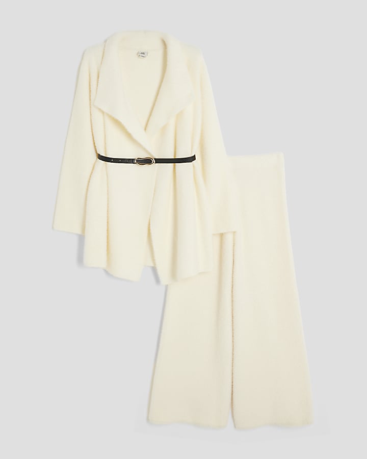 Girls Cream Belted Cardigan Set