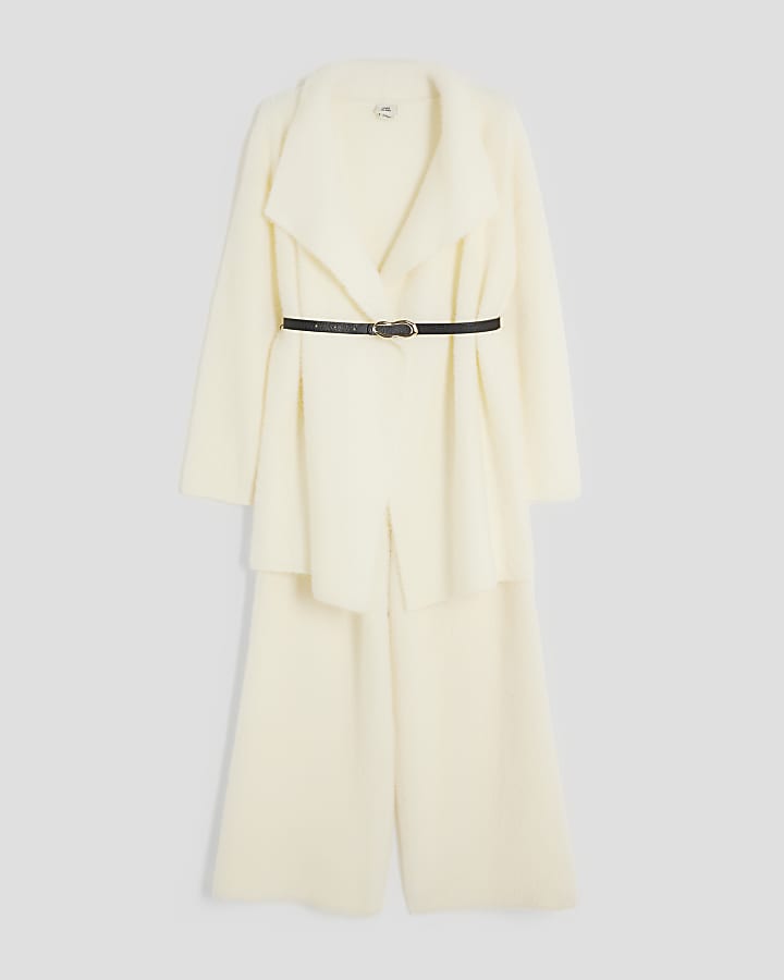 Girls Cream Belted Cardigan Set